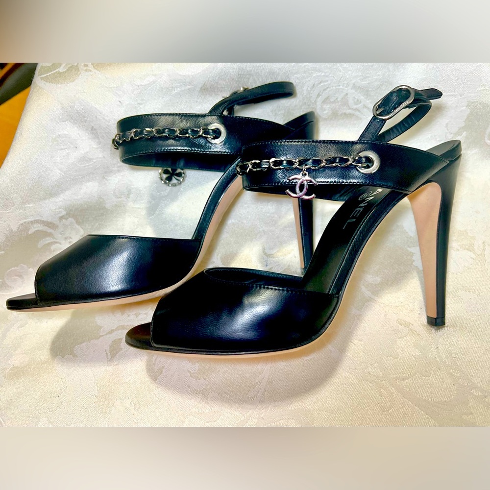 Chanel Silver Embellished Black Peep Toe Sandals, US 8.5